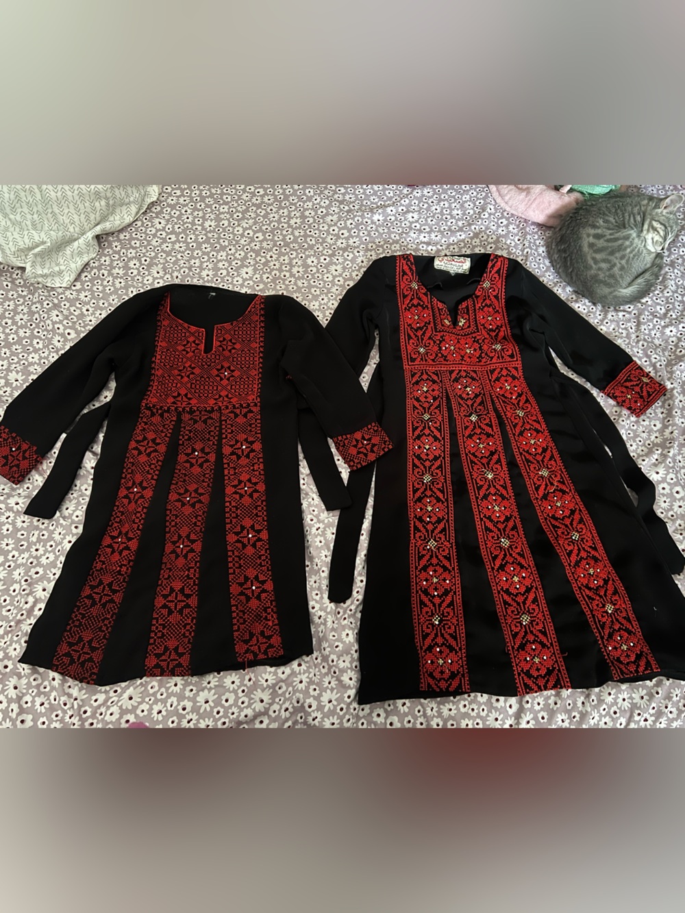 Black Tatreez Dresses with Red Embroidered Folk Panels